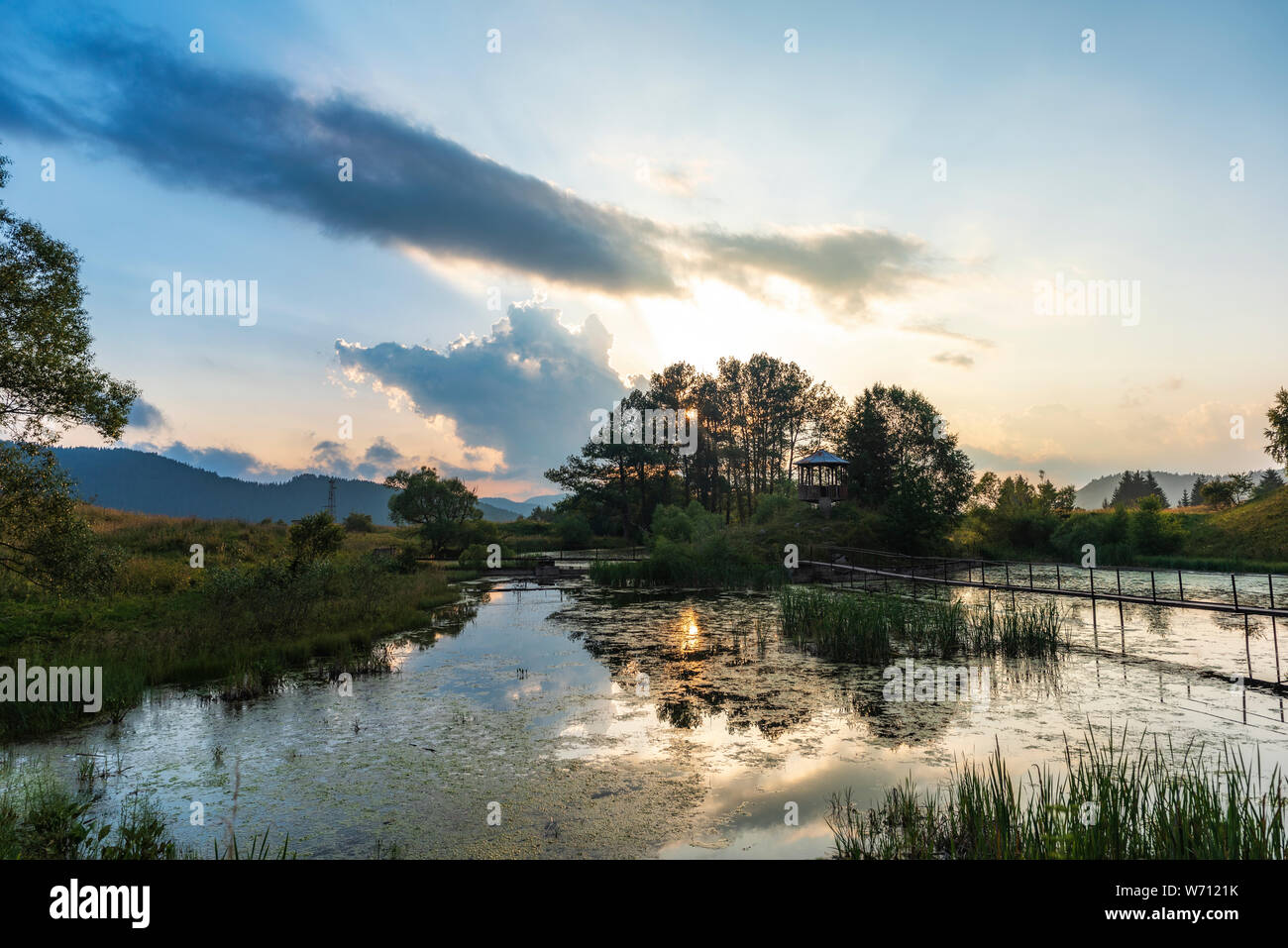 Paesaggio panoramico con Chairski laghi, sui monti Rodopi, Bulgaria Foto Stock