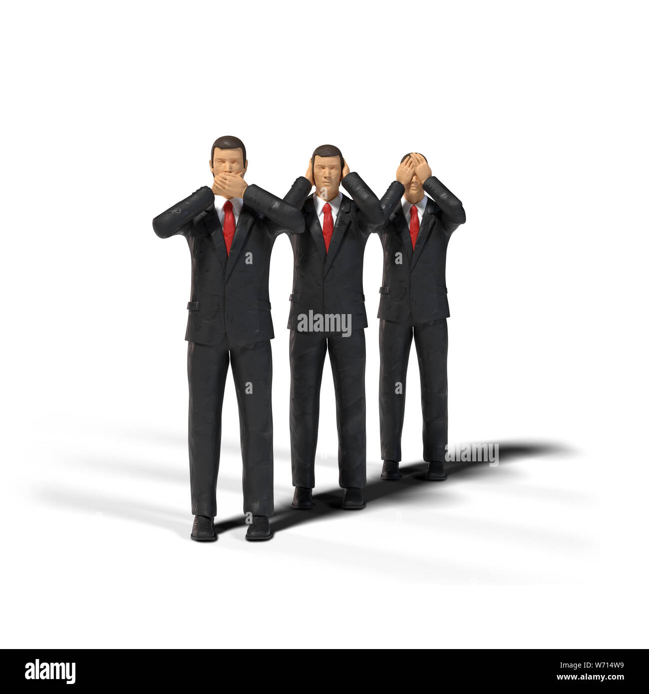 3 giocattolo figura in miniatura, uomini d'affari in tre scimmie sagge pongono isolati su sfondo bianco (vedere alcun male, non sento, non parlo) Foto Stock