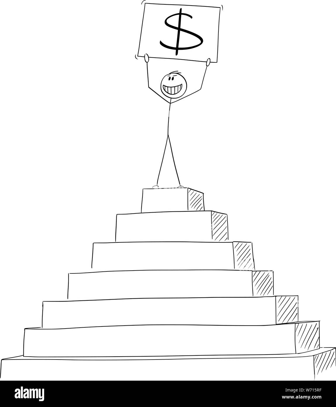 Vector cartoon stick figura disegno illustrazione concettuale di uomo di successo o imprenditore che celebra il successo finanziario sul picco della piramide con il simbolo del dollaro nelle mani. Illustrazione Vettoriale