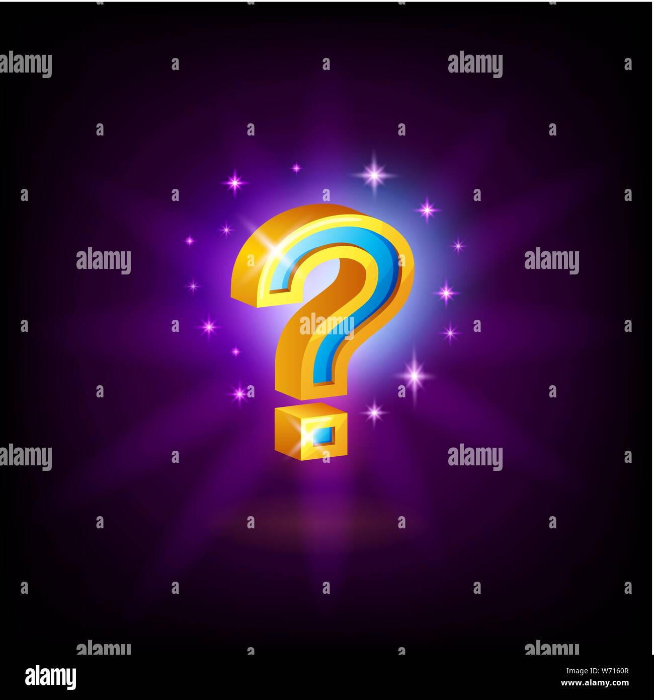 Gold-punto interrogativo blu icona slot con brilla per casinò online o gioco per cellulare, illustrazione vettoriale su viola scuro dello sfondo. Illustrazione Vettoriale