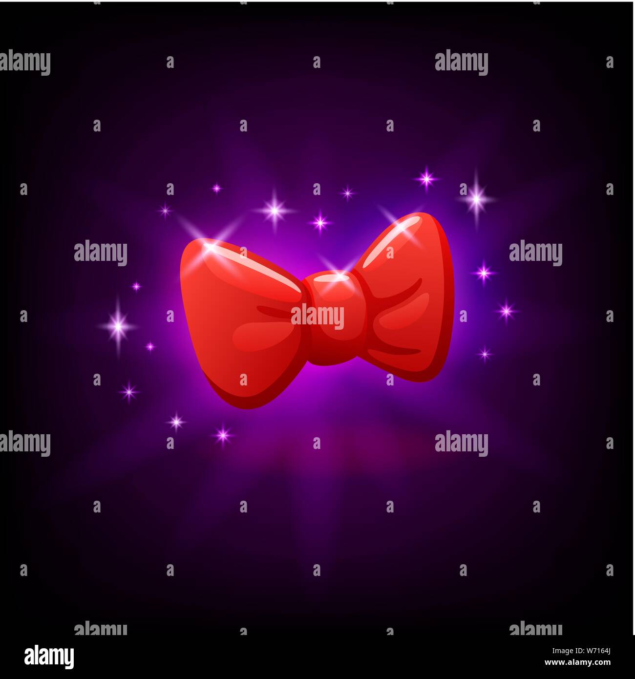 Red bow tie icona dello slot per casinò online o gioco per cellulare, illustrazione vettoriale con scintillii sul viola scuro dello sfondo. Illustrazione Vettoriale
