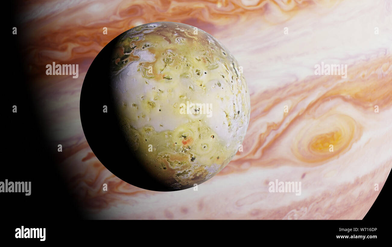 Luna di Giove Io nella parte anteriore del pianeta Giove Foto Stock