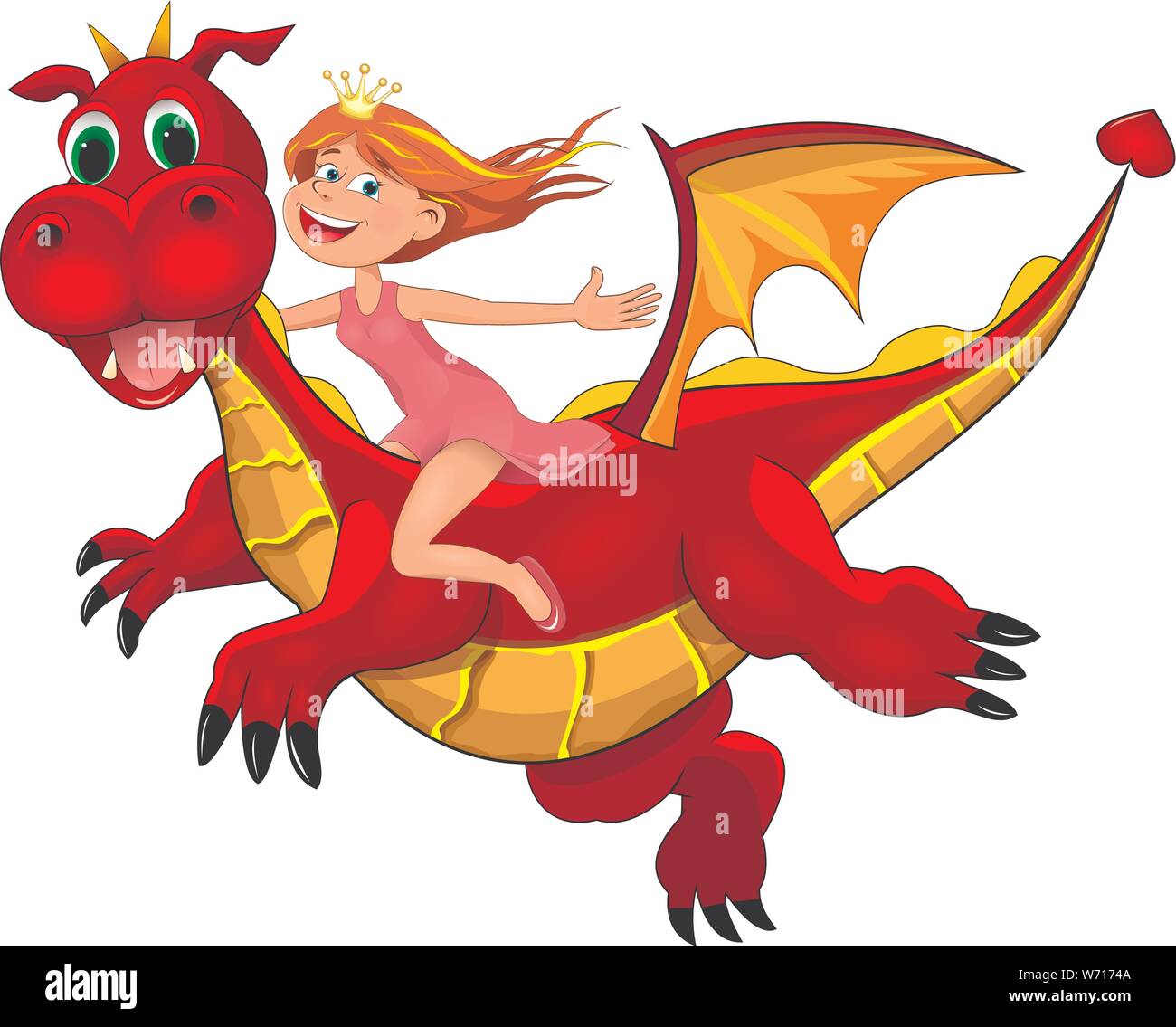 Poco gioiosa ragazza si siede a cavallo di un drago rosso. Ragazza e Flying Dragon. Illustrazione Vettoriale