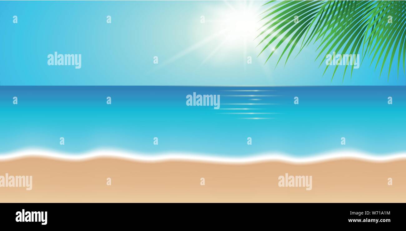 Vacanza estiva sulla bellissima spiaggia con Palm tree foglia illustrazione vettoriale EPS10 Illustrazione Vettoriale