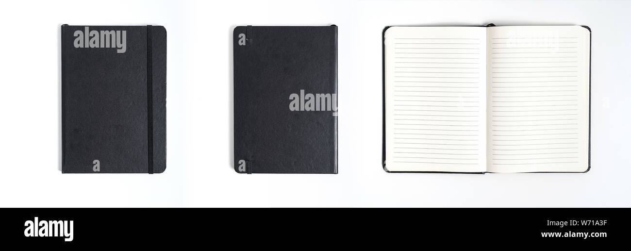 Notebook nero su sfondo bianco con tracciato di ritaglio Foto Stock