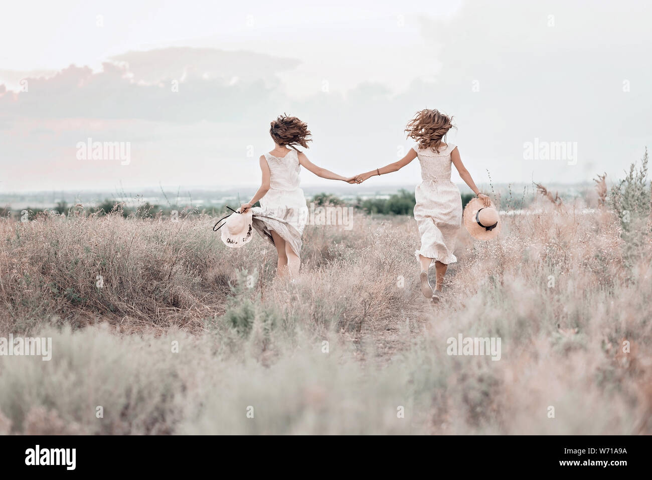 Due giovani ragazze che corrono attraverso il campo tenendo le mani. Estate giornata di sole e le ragazze in abiti leggeri. Vista posteriore. Foto Stock