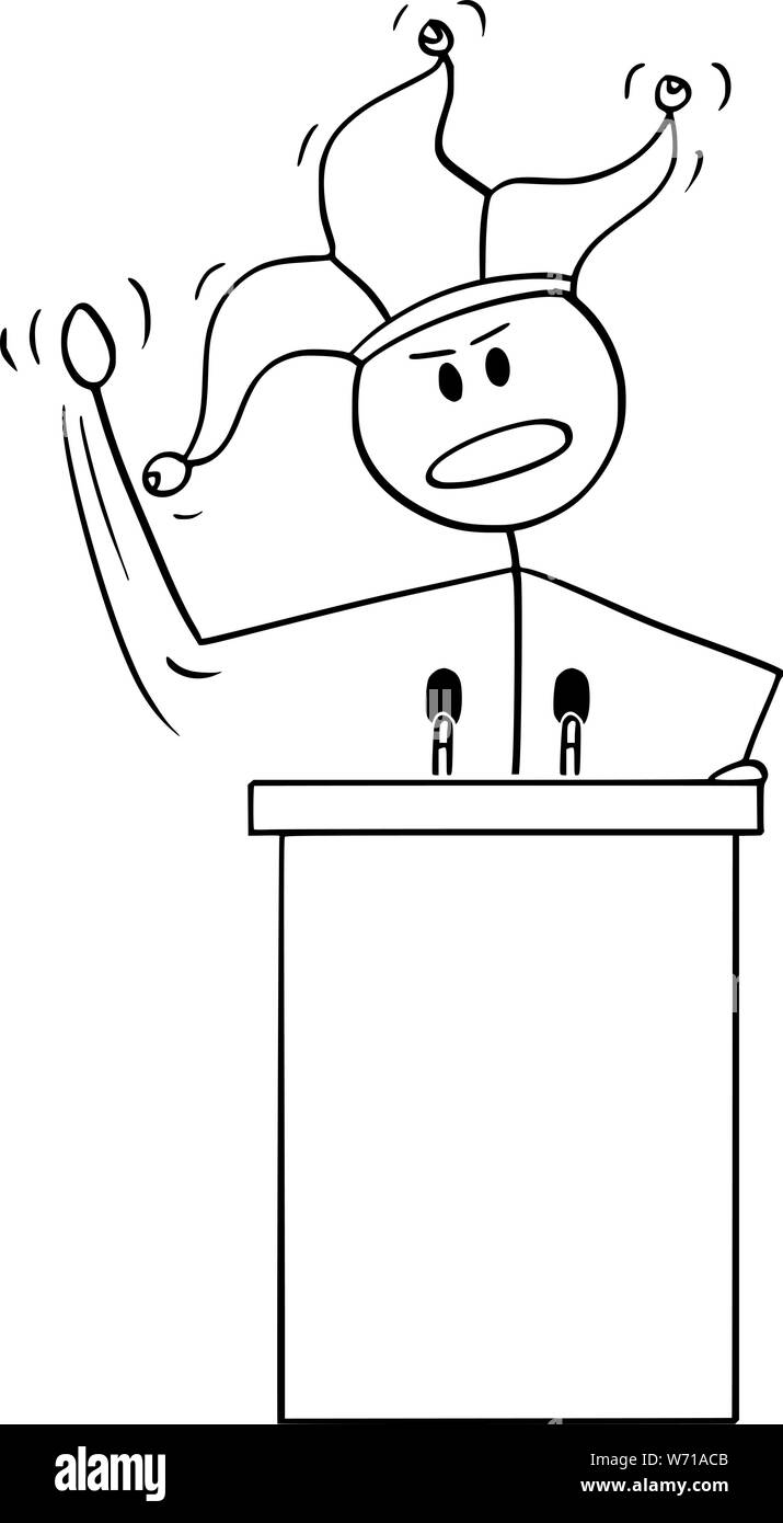 Vector cartoon stick figura disegno illustrazione concettuale di ingannare o uomo stolto, imprenditore o politico avente discorso dietro il leggio con jester hat. Illustrazione Vettoriale