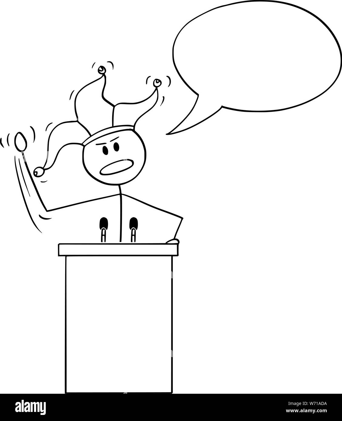 Vector cartoon stick figura disegno illustrazione concettuale di ingannare o uomo stolto, imprenditore o politico avente discorso dietro il leggio con jester hat. Illustrazione Vettoriale