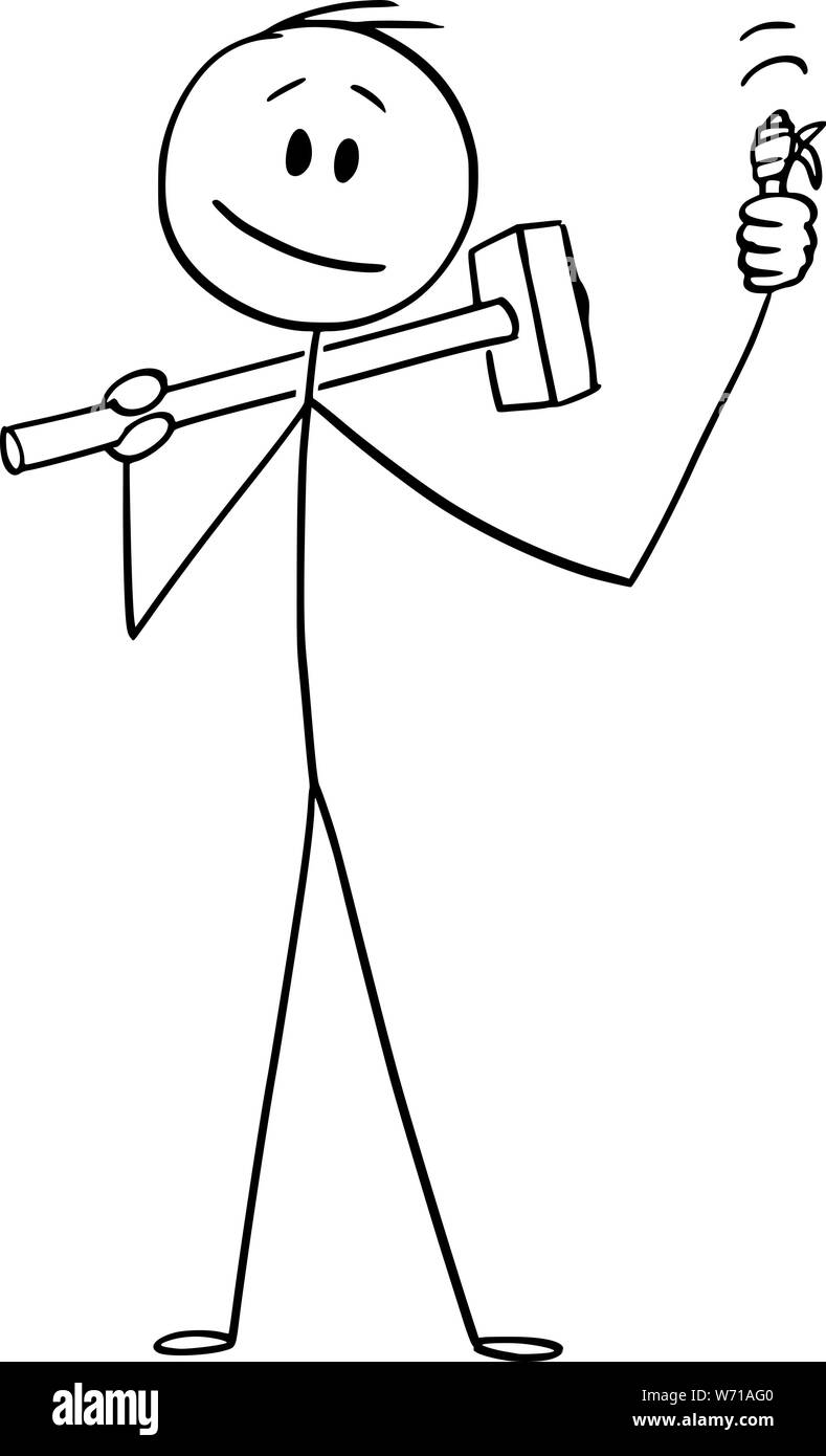 Vector cartoon stick figura disegno illustrazione concettuale di uomo o di lavoratore edile con grande martello che mostra il pollice fino gesto con il dito ferito. Illustrazione Vettoriale