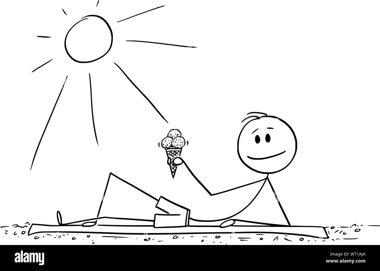 Vector cartoon stick figura disegno illustrazione concettuale dell uomo disteso sulla spiaggia e godersi la giornata di sole o in estate con cono gelato in mano. Illustrazione Vettoriale