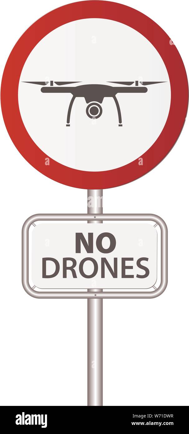 Round di colore rosso e bianco drone segno di divieto su polo illustrazione vettoriale Illustrazione Vettoriale