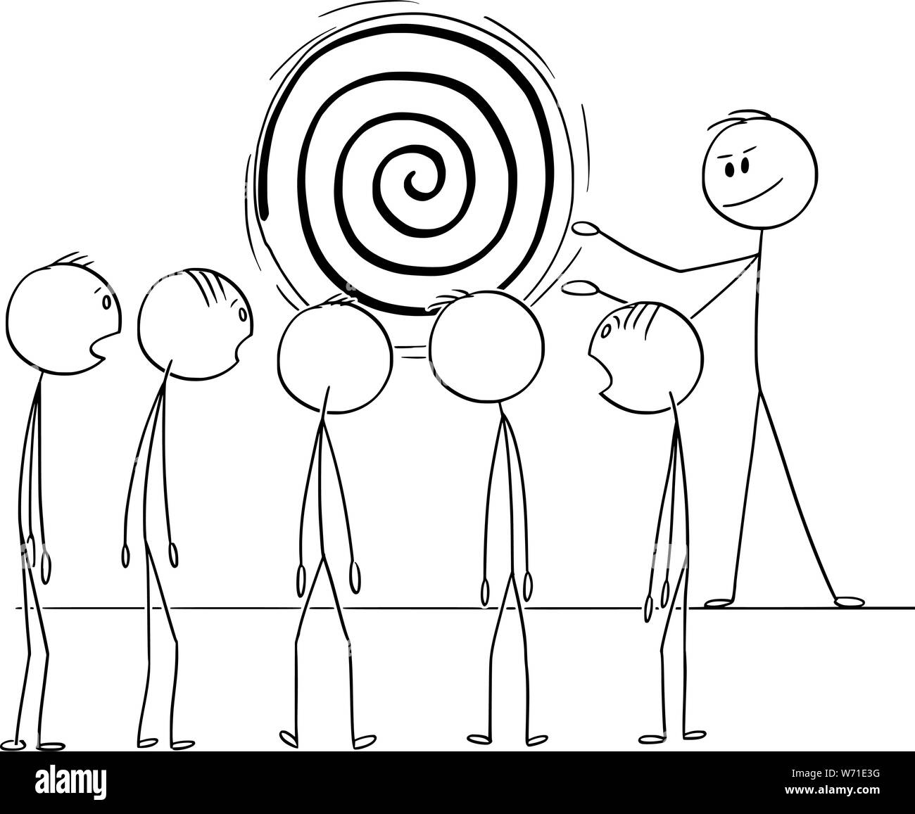 Vector cartoon stick figura disegno illustrazione concettuale dell'uomo, manager o business leader hypnotize team o di un gruppo di lavoratori con spirale di ipnosi. Illustrazione Vettoriale