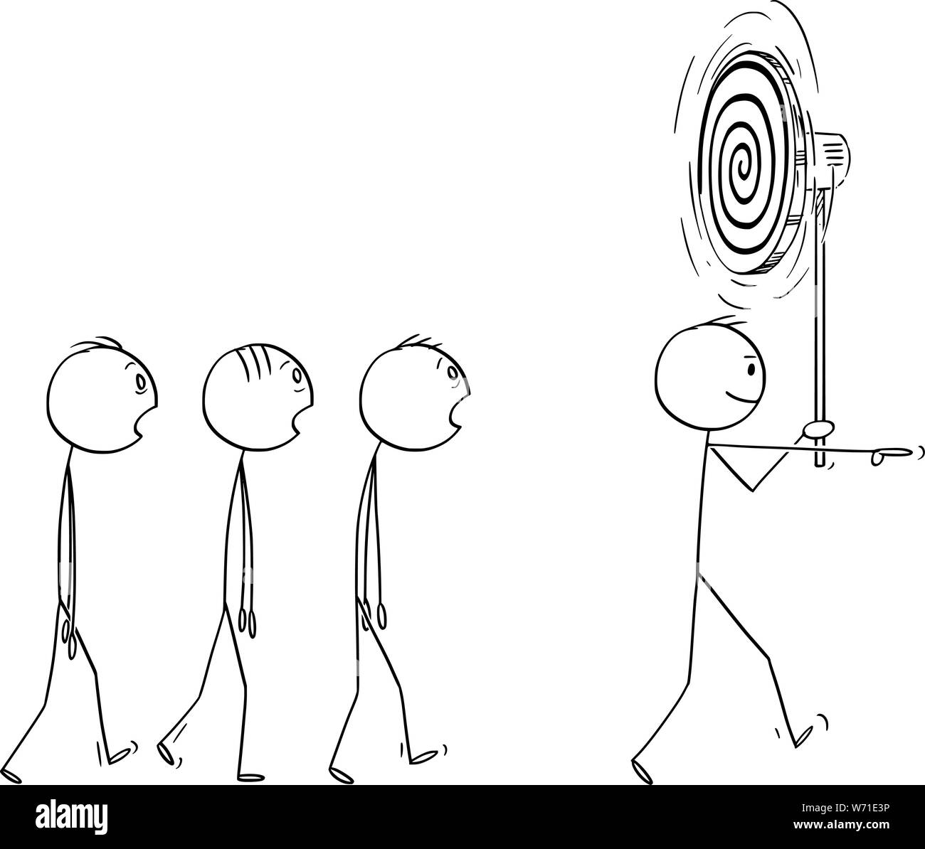 Vector cartoon stick figura disegno illustrazione concettuale dell'uomo, manager o business leader di leader di un team o di un gruppo di lavoratori ipnotizzato. Mente il concetto di manipolazione. Illustrazione Vettoriale