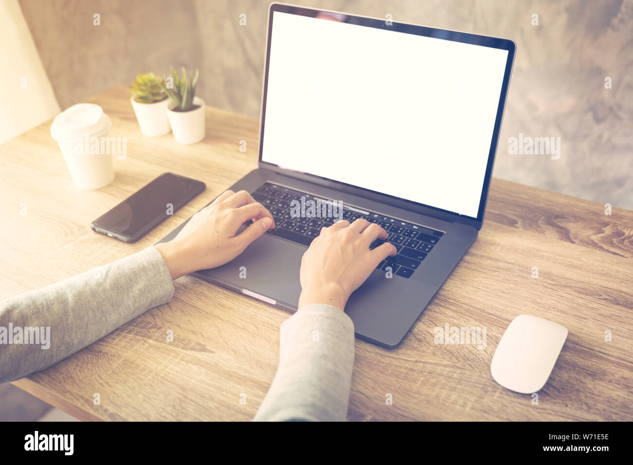 Donna di affari con computer portatile fare attività online sul tavolo di legno presso l'ufficio domestico. Foto Stock