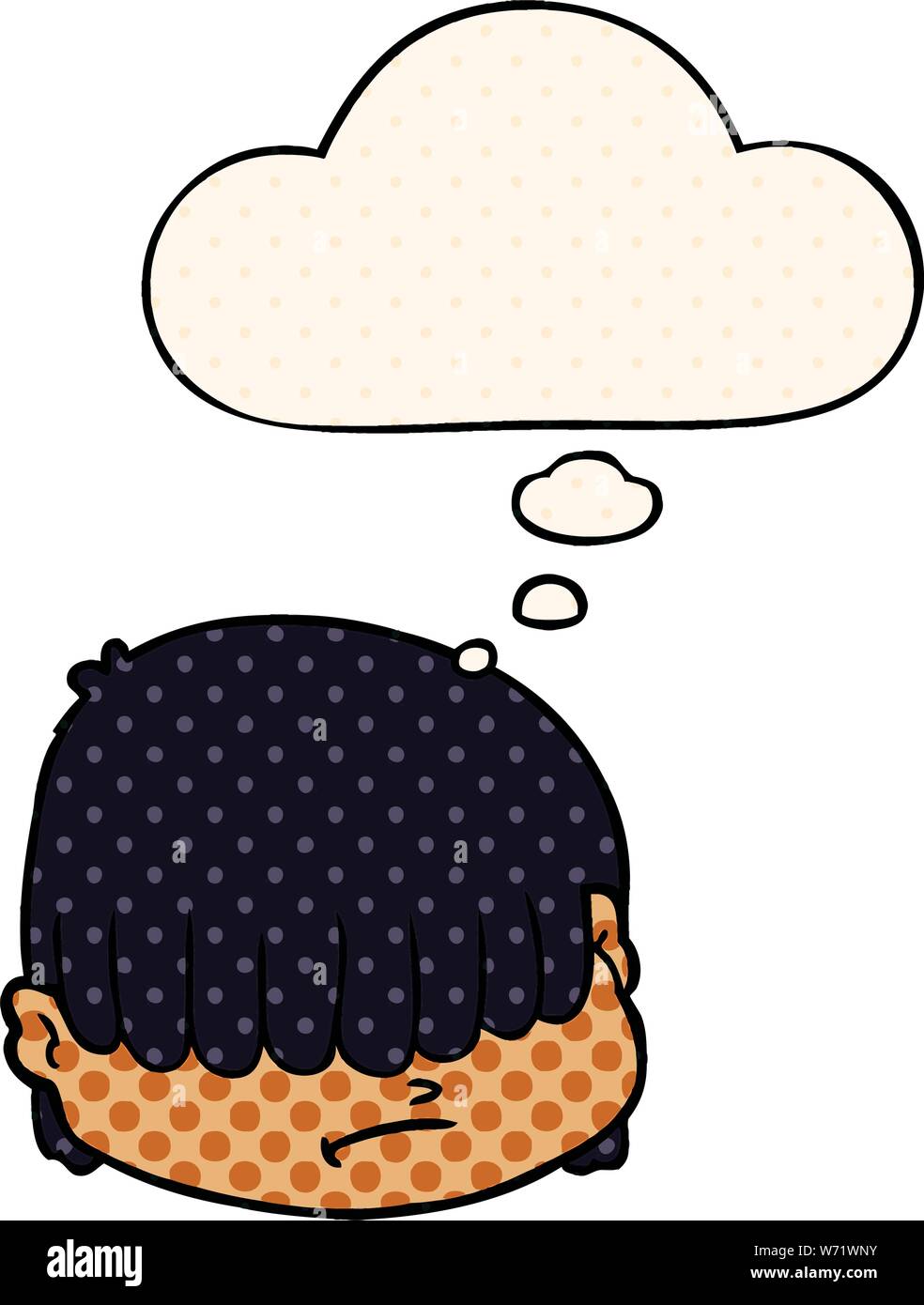 Cartoon faccia con capelli sopra gli occhi con bolle di pensiero in stile fumetto Illustrazione Vettoriale