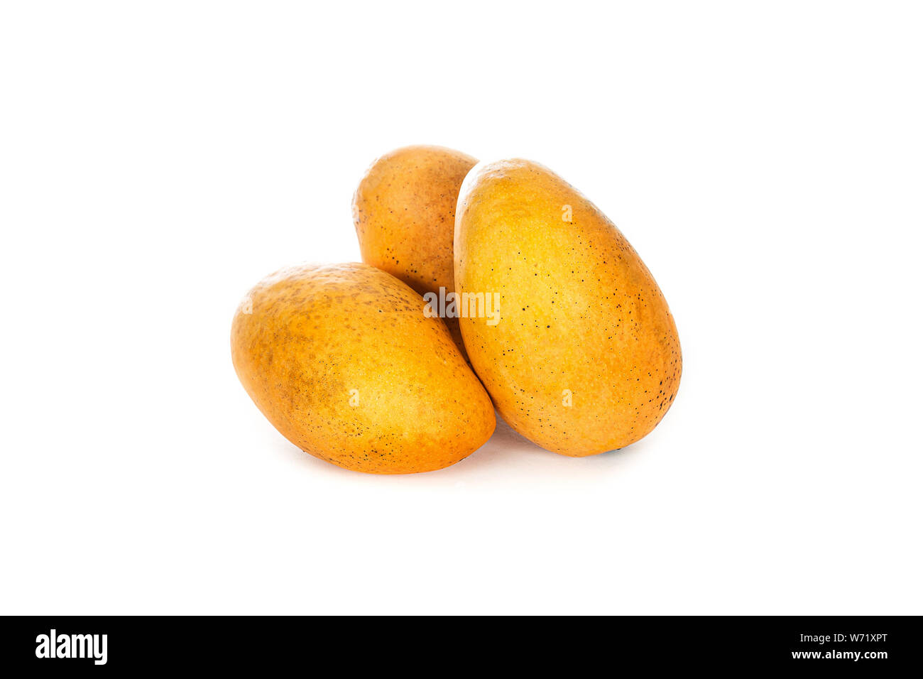 Mango frutti con foglie isolati su sfondo bianco. Studio professionale di fotografia. ancora in vita di Giallo mango maturi su bianco isolato sfondo. Foto Stock