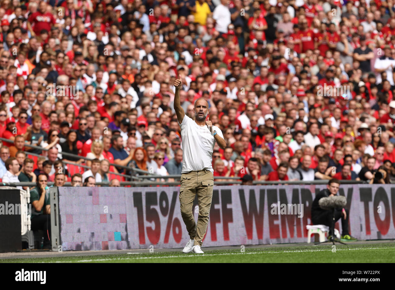 Londra, Regno Unito. 04 Ago, 2019. Manager del Manchester City, Pep Guardiola - Liverpool v Manchester City, fa scudo della Comunità, allo Stadio di Wembley, London, Regno Unito - 4 agosto 2019 solo uso editoriale Credito: Giornata immagini limitata/Alamy Live News Foto Stock