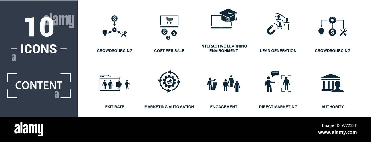 Icona Contenuto impostato. Contengono riempito di contenuti piana ottimizzazione, creatore di contenuti, il marketing virale, virale, split testing, agile icone. Formato modificabile Illustrazione Vettoriale