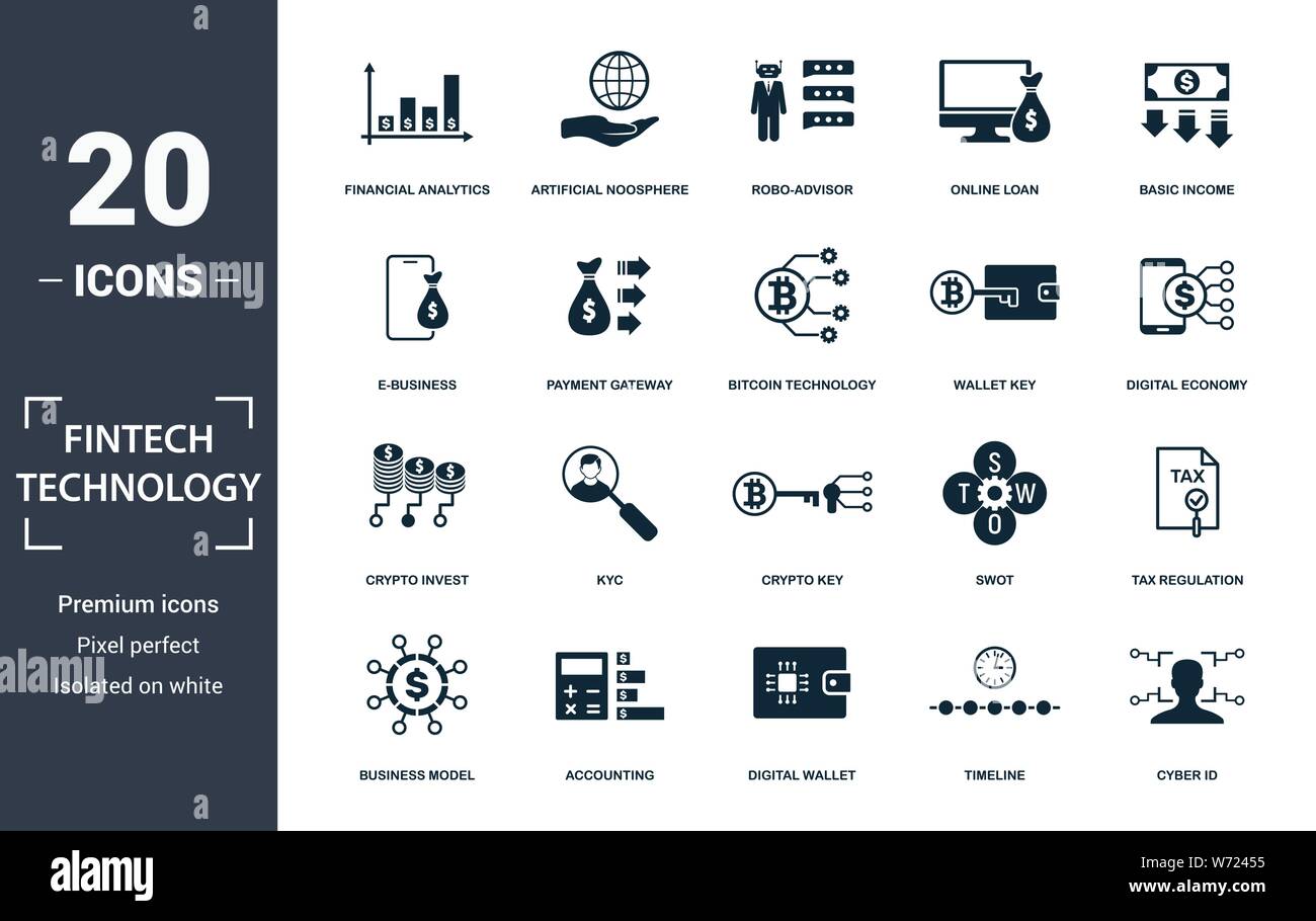 Tecnologia di Fintech icon set. Contengono riempito piana del reddito di base, tecnologia bitcoin, regolamentazione fiscale noosphere artificiale, KYC, il modello di business Illustrazione Vettoriale