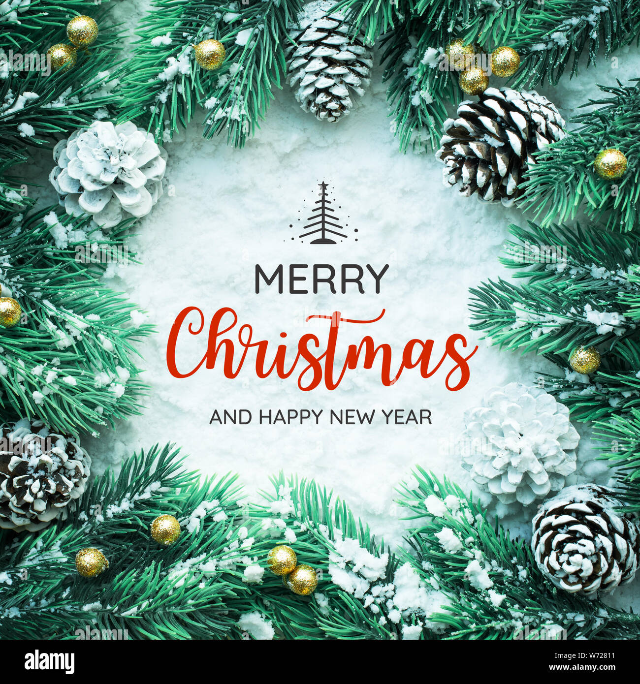 Buon Natale e felice anno nuovo tipografia,testo con ornamento di natale decorazione design Foto Stock