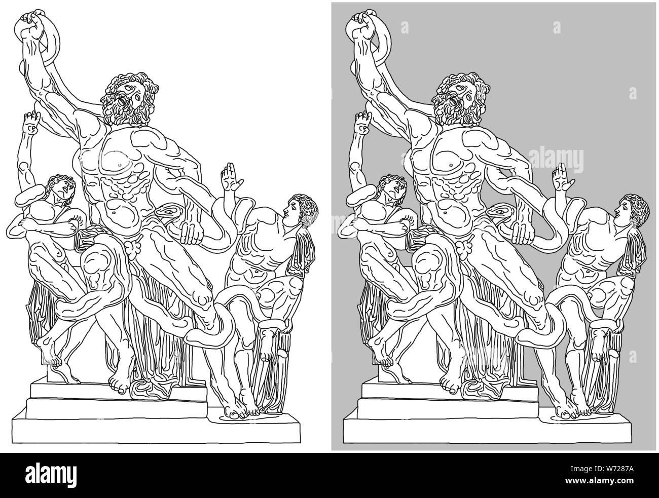 Statua in marmo della morte di Laokoon e i suoi figli, situato presso il Museo del Vaticano a Roma, Italia (un originale romano da 50 BC). Disegno isolato su w Foto Stock