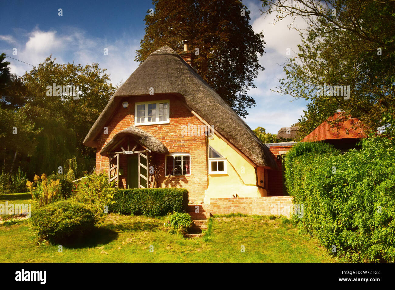 Casa e giardino di Suburban con tetto di paglia, Hertfordshire, Inghilterra Foto Stock