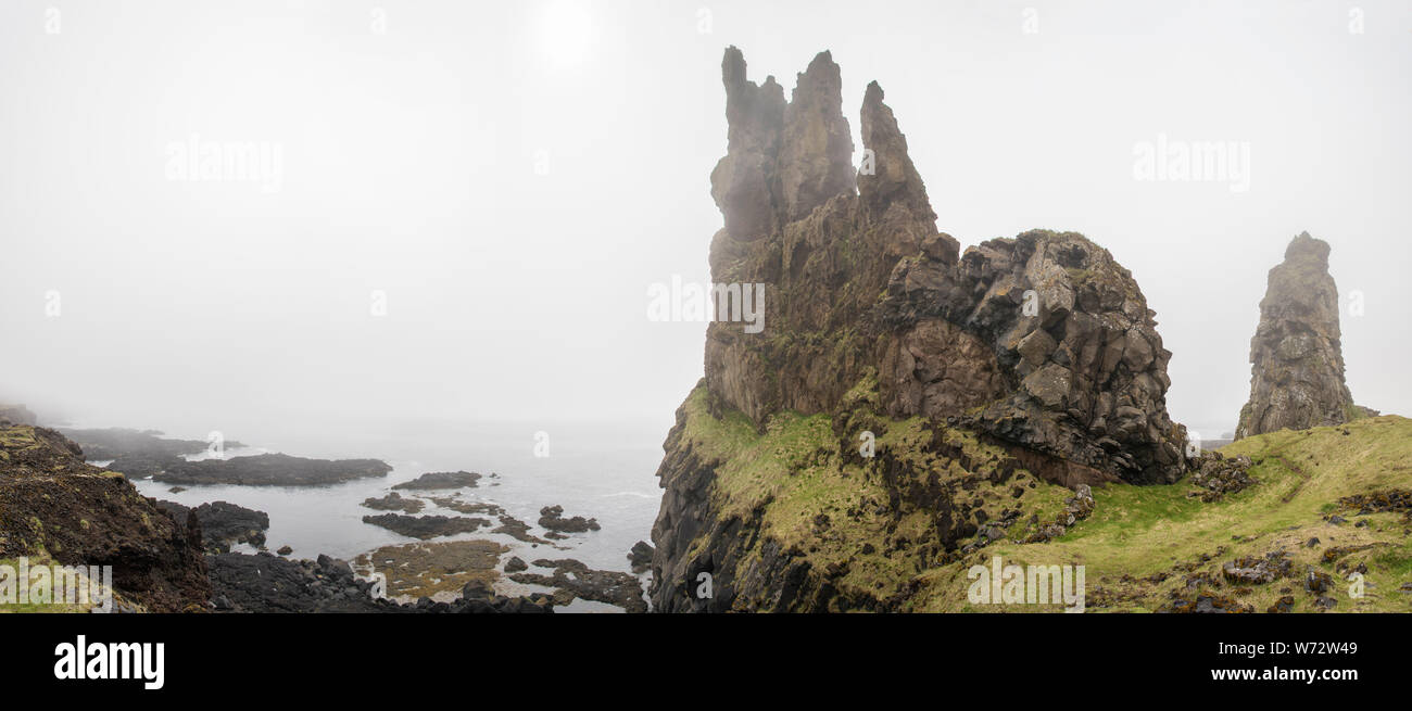 Vista panoramica di Londrangar, Islanda su un nebbioso giorno mostrando le scogliere e le sue coste. Foto Stock