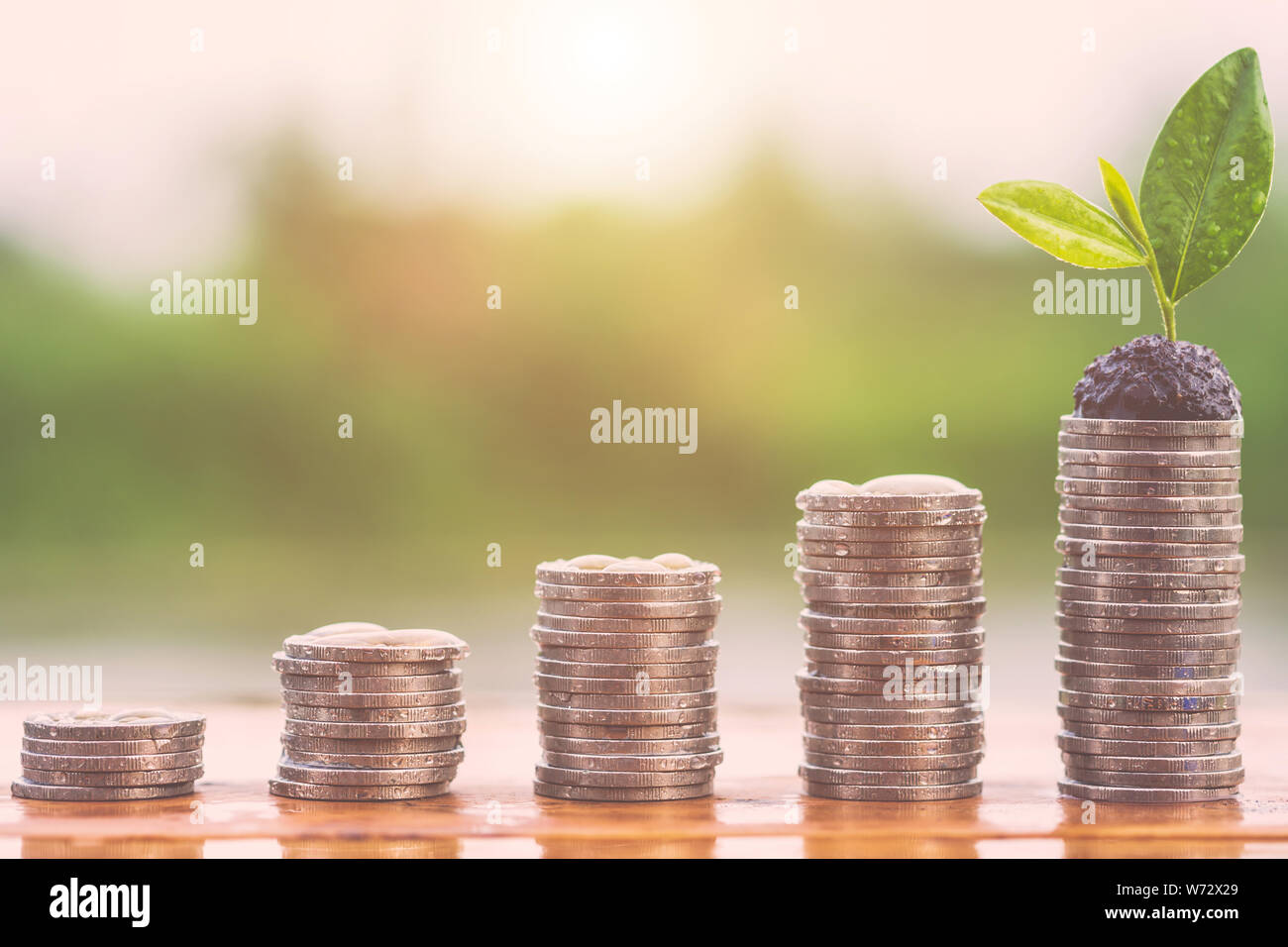 Diverso livello di stack di monete con caduta di acqua e di albero che cresce sulla parte superiore. Il successo del business o denaro concetto crescente Foto Stock