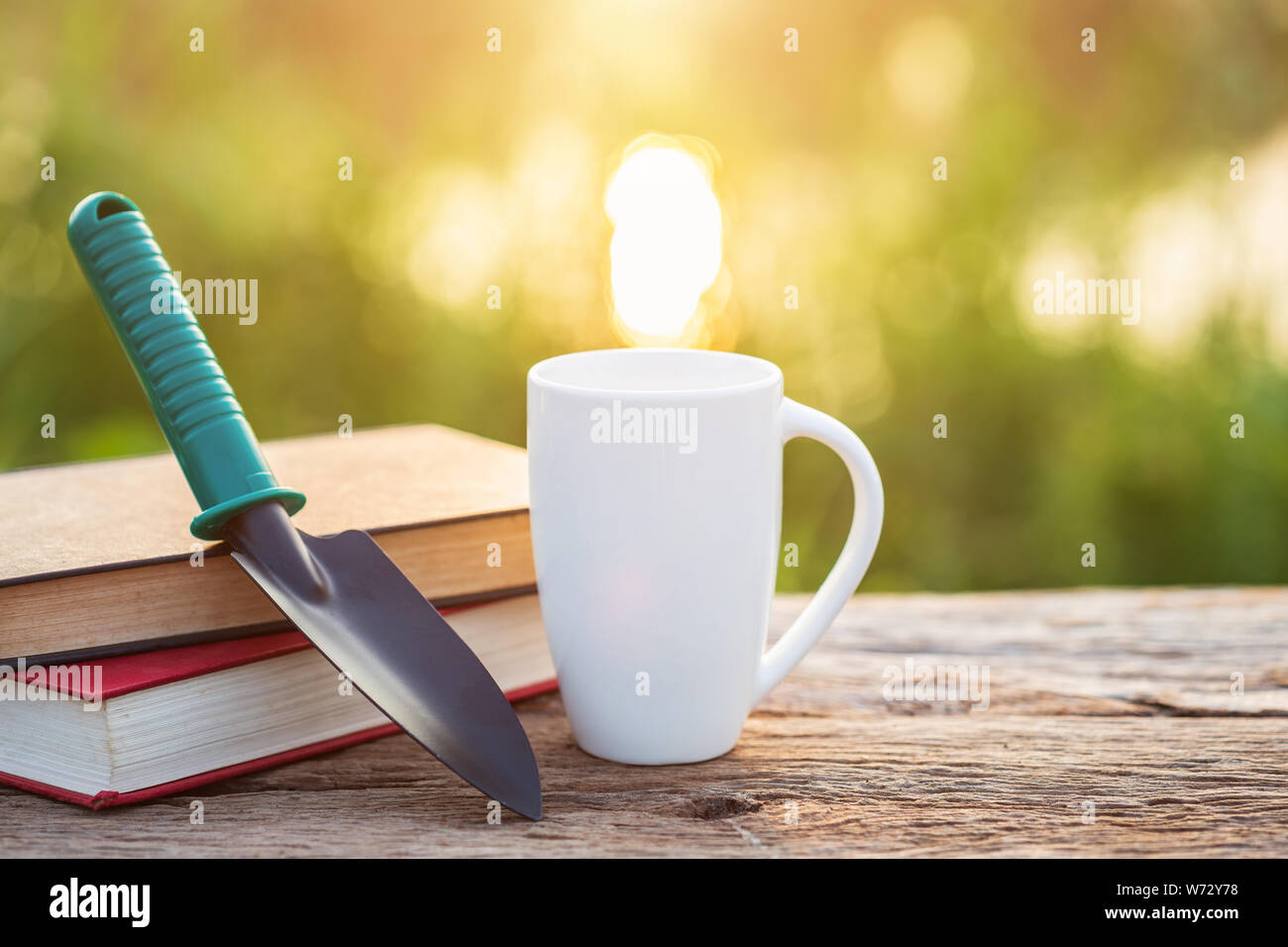 Il caffè e il concetto di giardinaggio : tazza di caffè, libri e attrezzature da giardino sul tavolo di legno con la luce del sole di mattina tempo Foto Stock