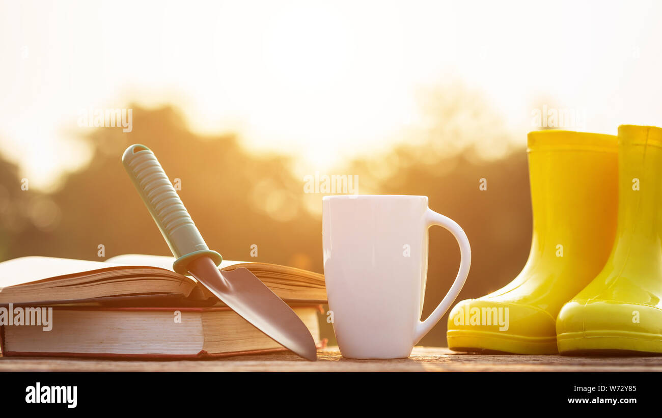 Il caffè e il concetto di giardinaggio : tazza di caffè, libri e attrezzature da giardino sul tavolo di legno con la luce del sole di mattina tempo Foto Stock