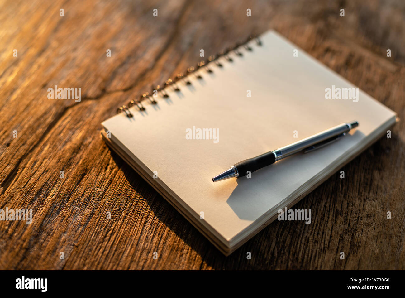 Vista superiore del libro bianco sul vecchio tavolato in legno con uno sfondo con natura di mattina la luce del sole Foto Stock