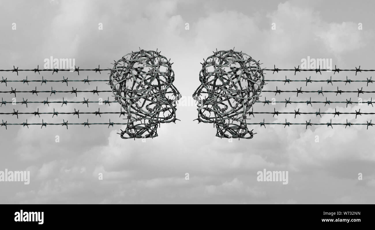 Odio il concetto di comunicazione e odio online chat come due teste fatta di filo spinato comunicanti tra loro in un 3D illustrazione dello stile. Foto Stock