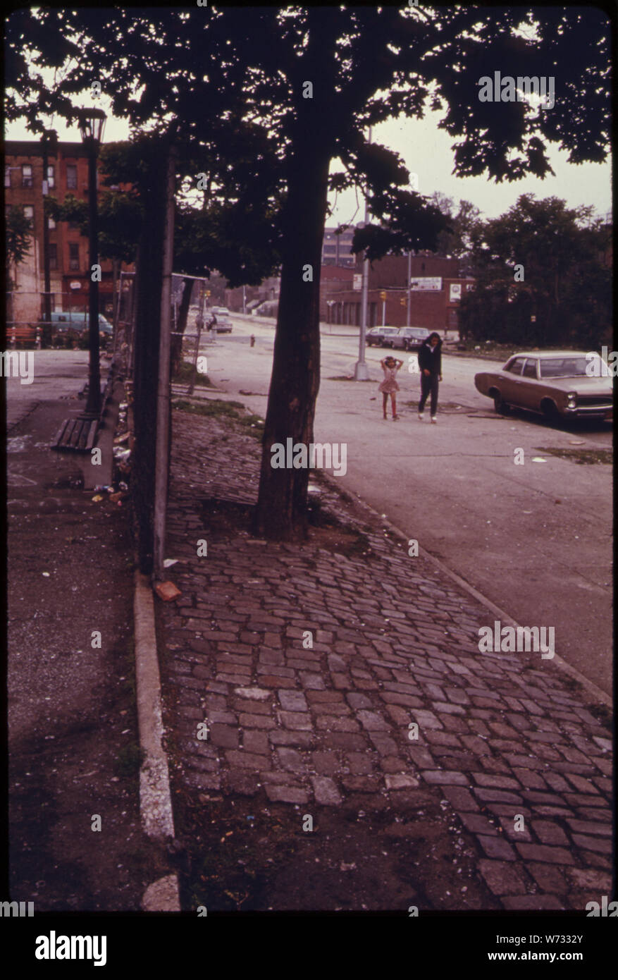 Scena vicino a Lynch Park a Brooklyn, New York City. BROOKLYN rimane uno dei migliori d'America esempi sopravvissuti di un XIX Secolo città. E LA PARTE INTERNA DELLA CITTÀ AMBIENTE È ESSERI UMANI, come bello e minacciati come il XIX secolo gli edifici. Alcune delle migliori architetture sopravvive nel peggiore dei quartieri SOLO PERCHÉ NON È STATO DEMOLITO Foto Stock