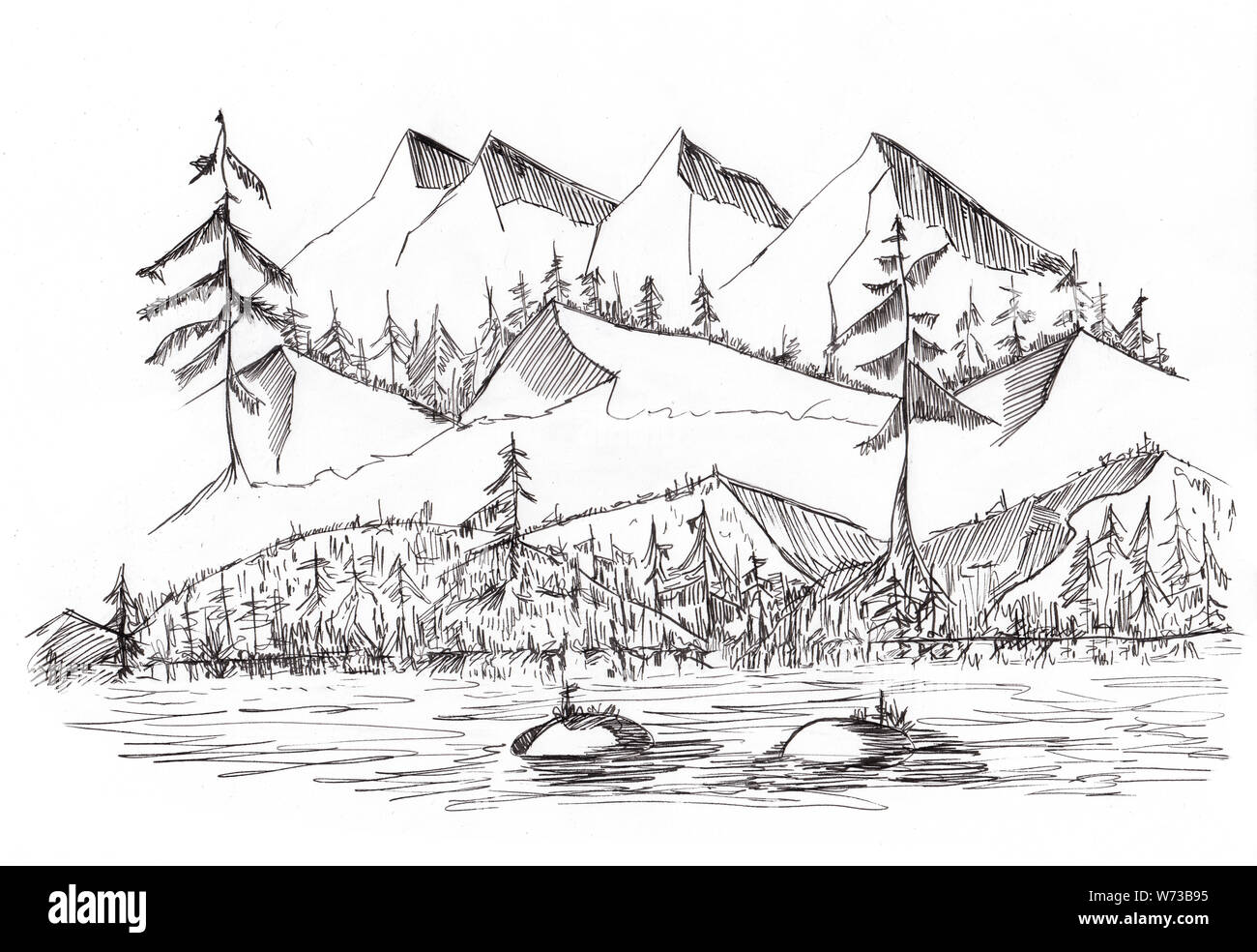 Schizzo di paesaggio selvaggio con montagne Hill e il fiume, mano Illustrazione disegnata da inchiostro Foto Stock