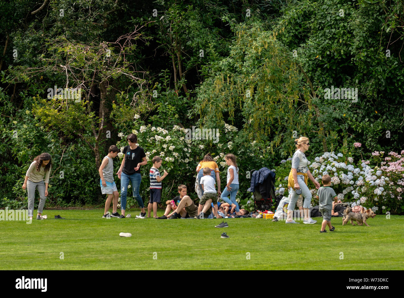 Grande famiglia di turisti americani con bambini che godono la natura nella soleggiata giornata estiva nella Muckross House and Gardens, Killarney National Park, Irlanda Foto Stock