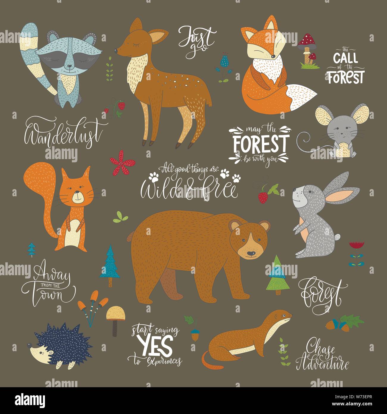 Set di disegnati a mano simpatici animali della foresta e scritte tra virgolette. Illustrazioni vettoriali con raccoon, lo scoiattolo, la lepre, mouse, orso, volpe, capriolo, riccio e noi Illustrazione Vettoriale