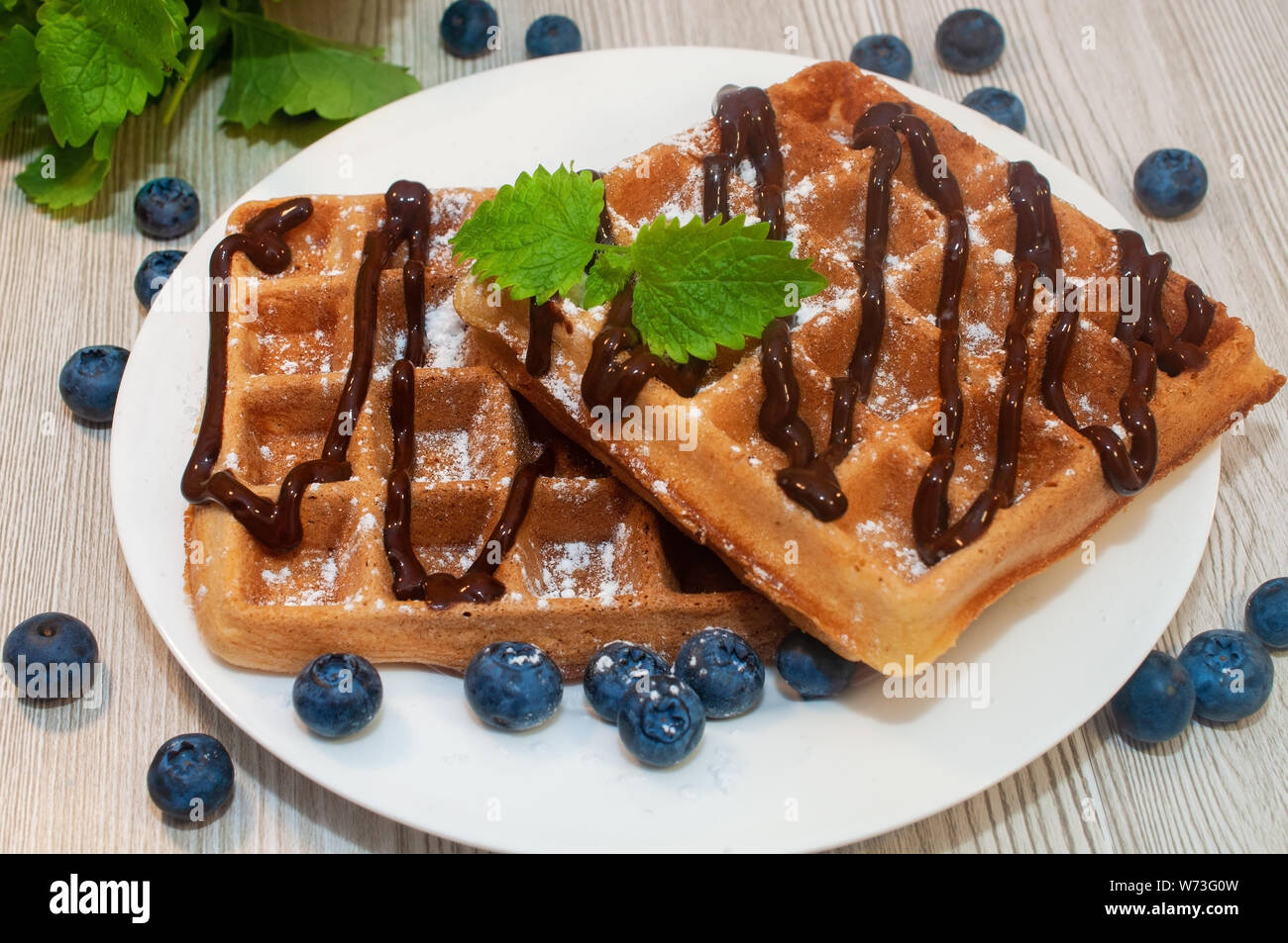 Waffle belga su una piastra con salsa di cioccolato e mirtilli Foto Stock