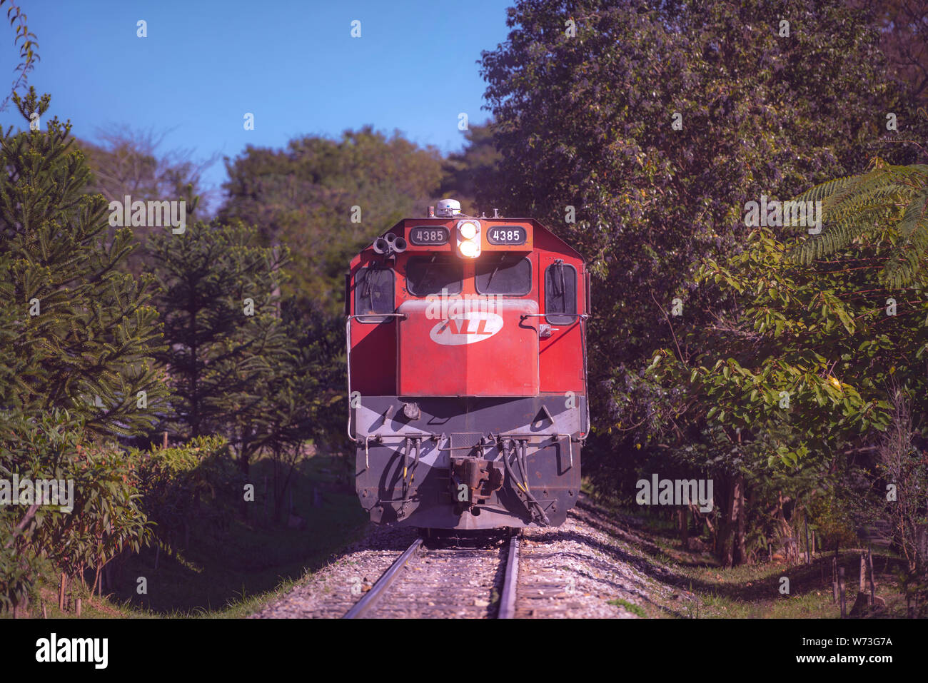 Curitiba, Parana, Brasile - Agosto 08, 2019: Treno in Hugo Lange quartiere di Curitiba, ora locale 02:27 PM. Foto Stock
