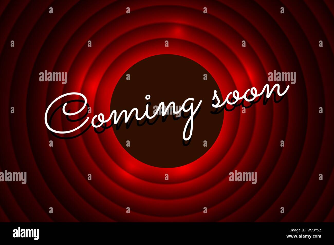 Prossimamente scrivere a mano il titolo su sfondo rosso rotondo. Schermata di annuncio della promozione Old Cinema Movie Circle. Illustrazione del modello di poster della scena retrospettiva vettoriale Illustrazione Vettoriale