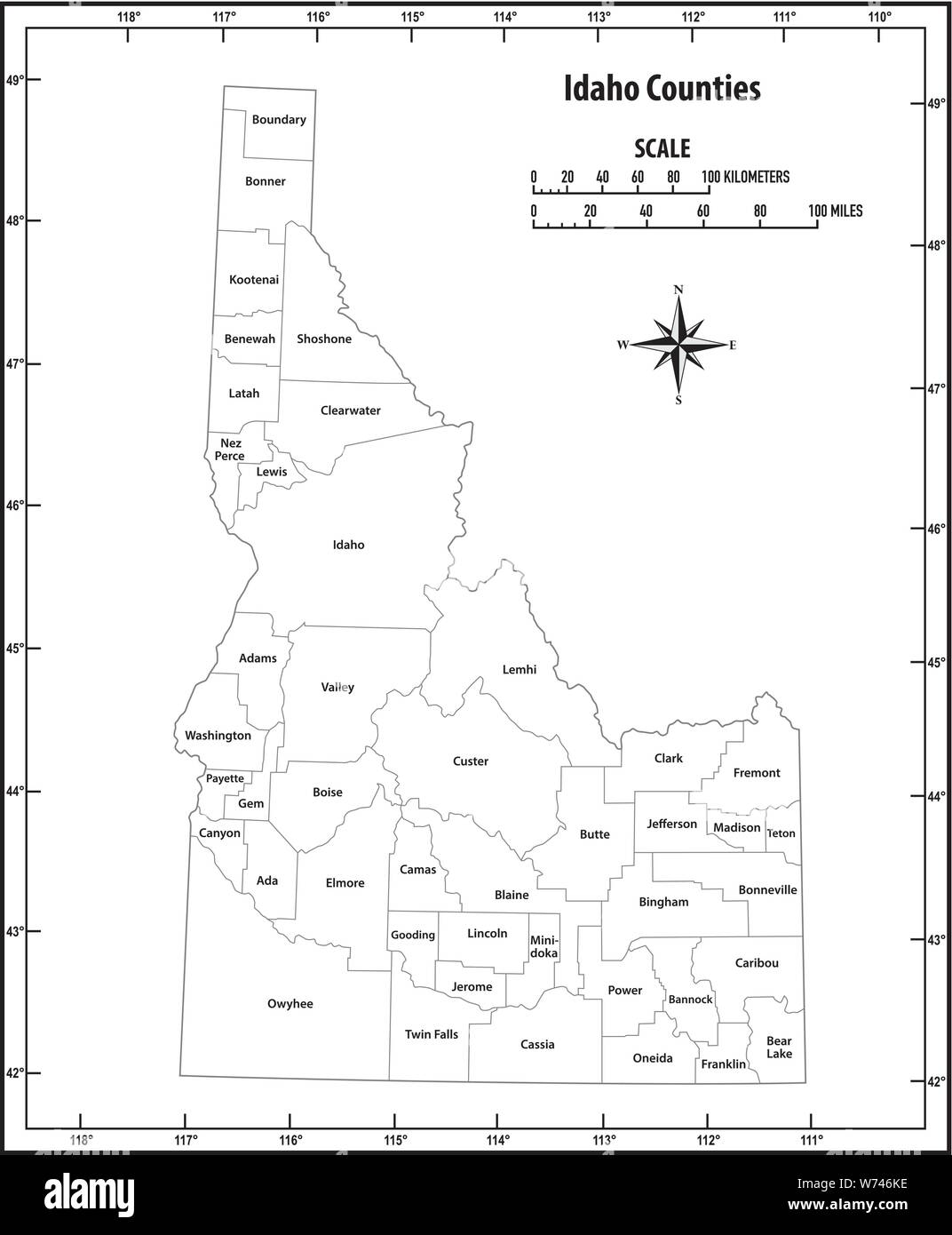 Stato di Idaho delineare politiche ed amministrative mappa vettoriale in bianco e nero Illustrazione Vettoriale