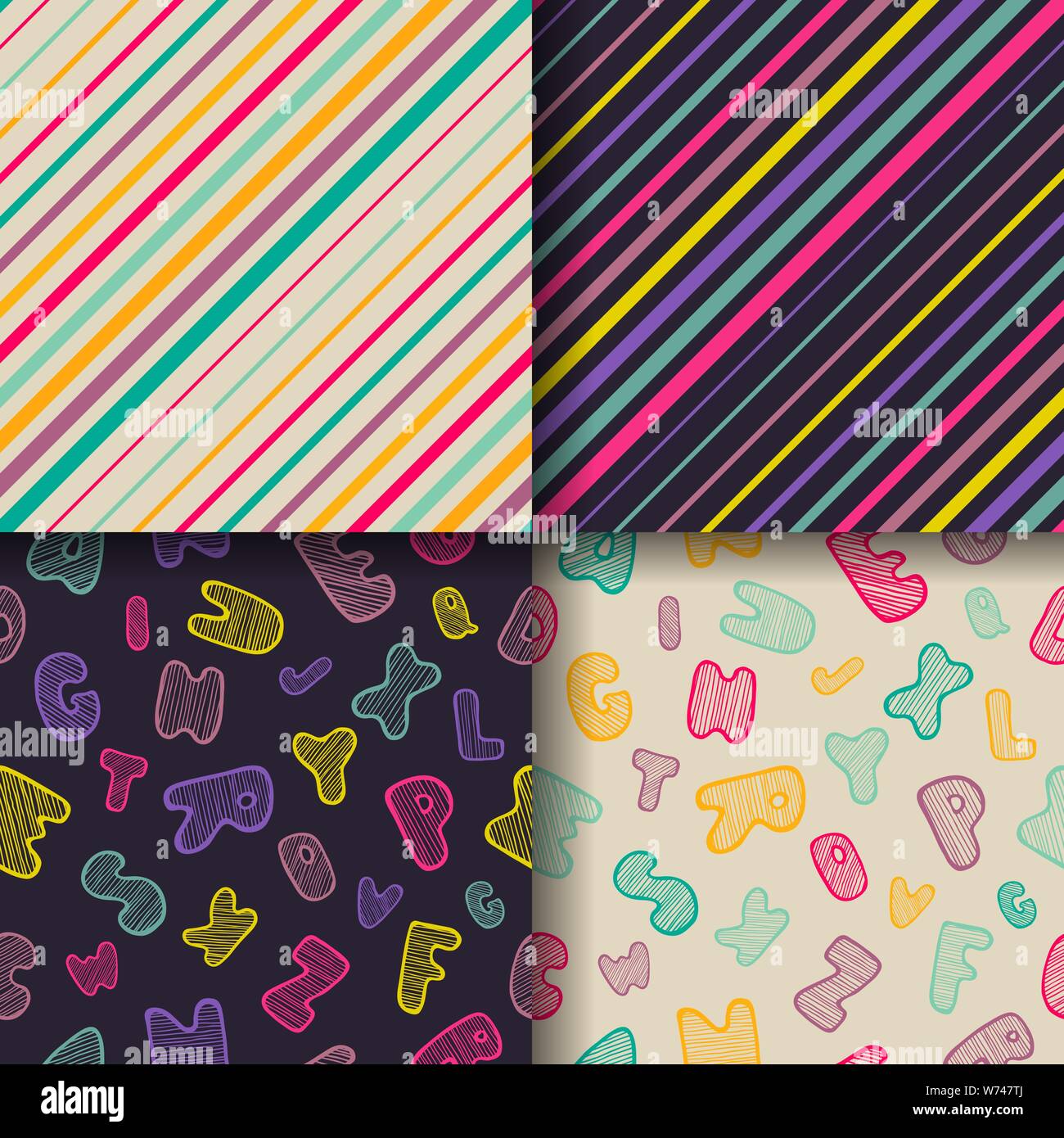 Set di quattro sfondi senza cuciture con alfabeto a poodle disegnato a mano e colorate strisce diagonali. Font di scrittura a colori. Sfondo a strisce diagonali astratte Illustrazione Vettoriale