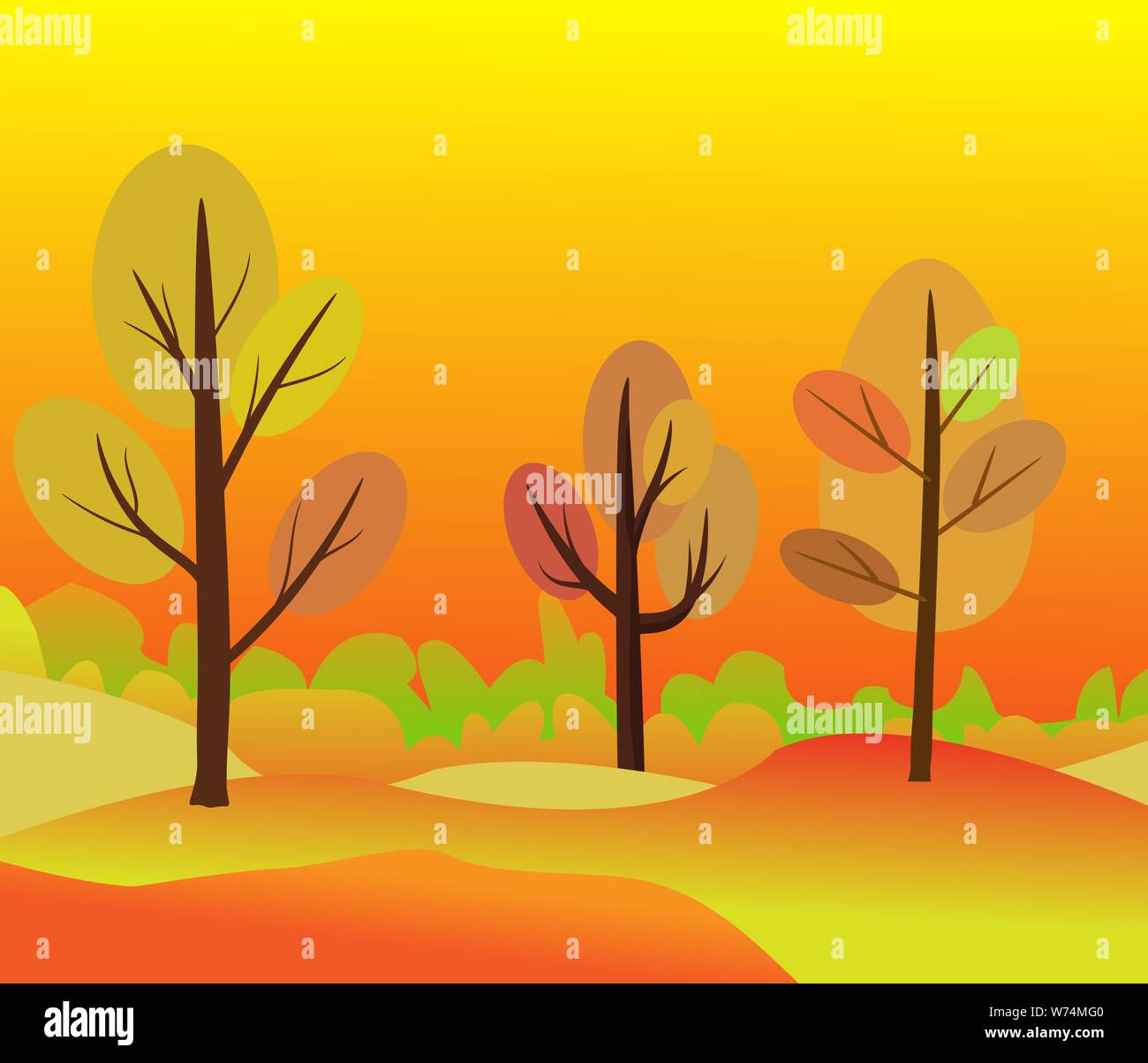 Illustrazione Vettoriale di beautiful Golden Autumn Landscape sul rosso Giallo Autunno colori sfondo in moderno stile elegante con alberi d'autunno in fores Illustrazione Vettoriale