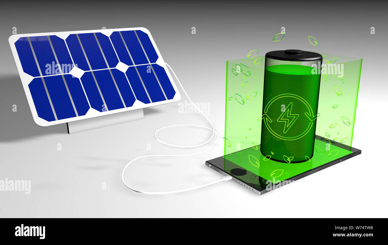 Pannello solare per ricaricare un telefono cellulare con lo schermo verde in cui una batteria verde proviene da, con foglie di colore verde e il simbolo di energia su sfondo bianco. 3D Foto Stock