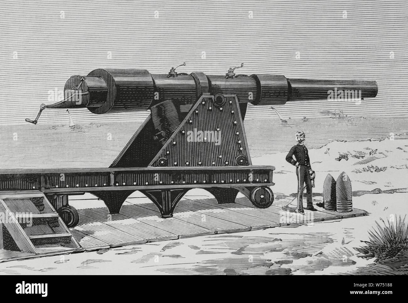 Estados Unidos de América. New Jersey. El Nuevo cañón multi-carga 'Sistema' Haskell, experimentando en Sayud gancio. Velocidad del proyectil: 3000 torte por segundo. Grabado. La Ilustración Española y Americana, 22 de octubre de 1883. Foto Stock