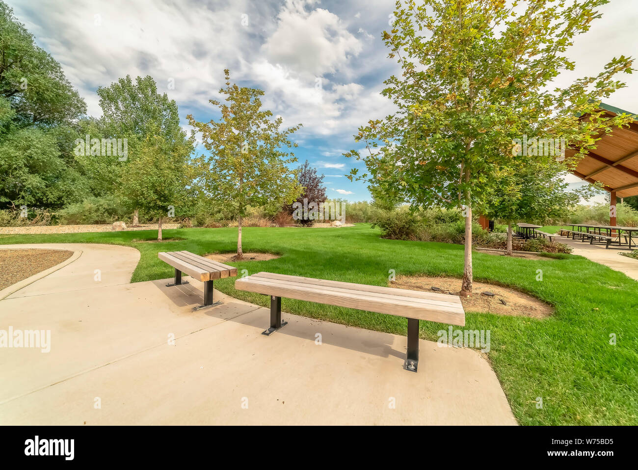 Parco con panche di legno lungo il percorso e il padiglione picnic in background Foto Stock