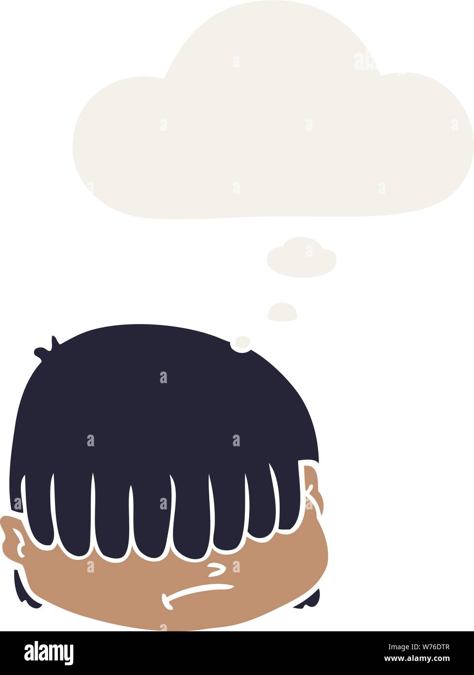 Cartoon faccia con capelli sopra gli occhi con bolle di pensiero in stile retrò Illustrazione Vettoriale