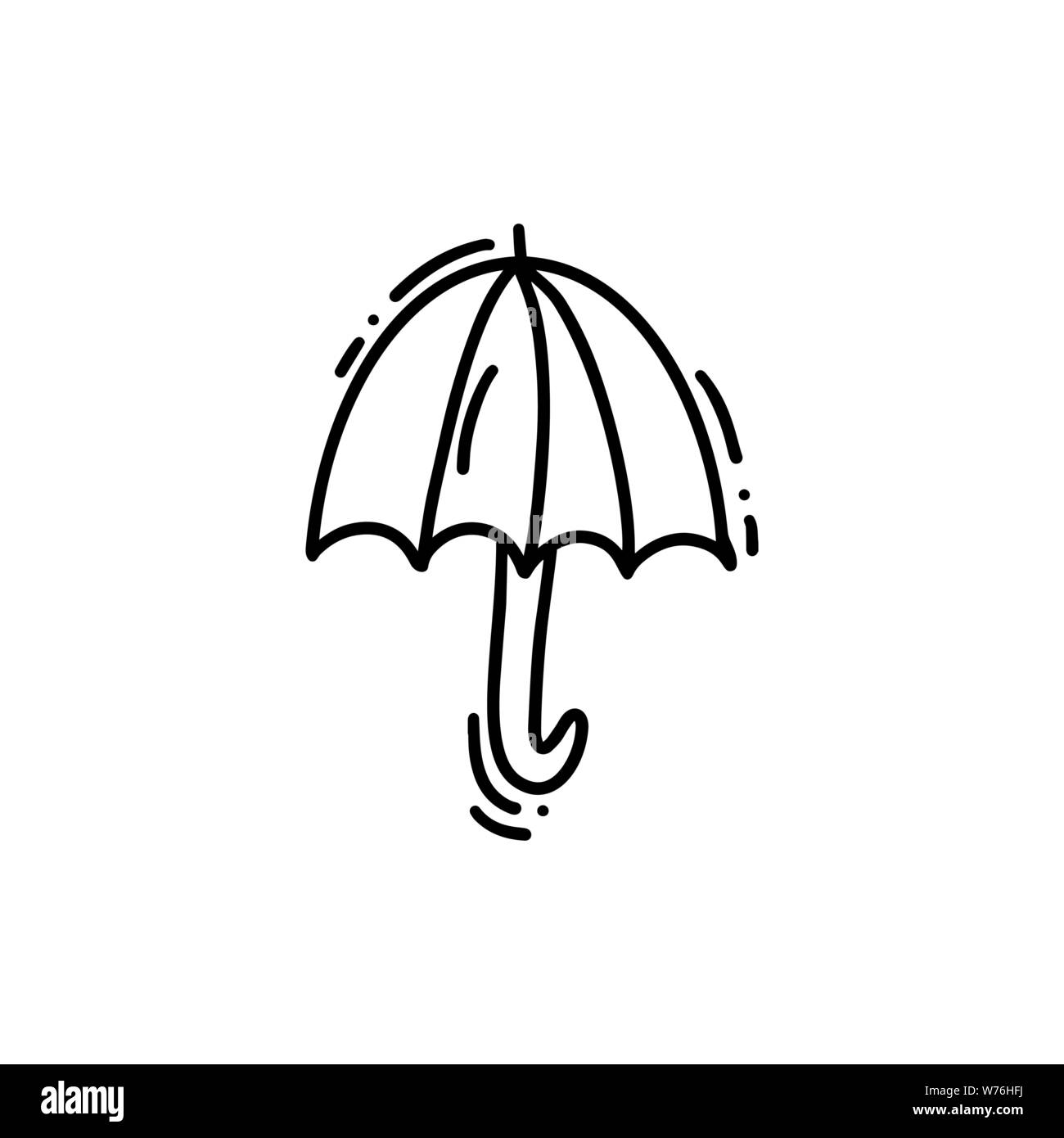 Icona di ombrello monolino. Illustrazione del logo del doodle vettoriale disegnato a mano. Schizzo isolato su sfondo bianco Illustrazione Vettoriale