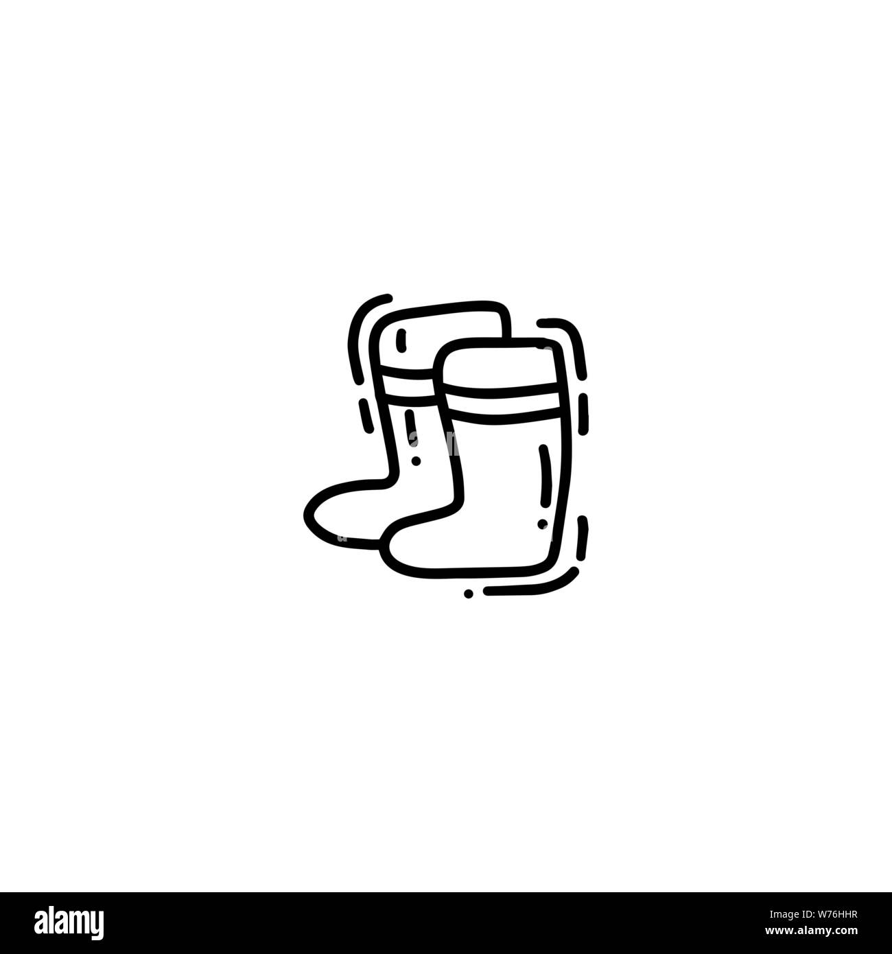 Carino doodle monoline disegnate a mano con stivali di gomma da giardinaggio. Vettore divertente poster per la stagione giardino con spazio di testo Illustrazione Vettoriale