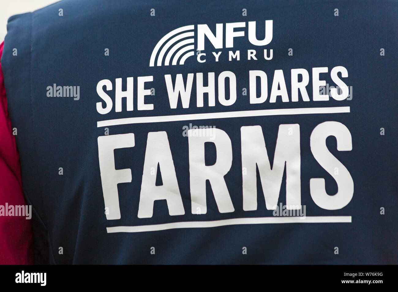 NFU Cymru lei chi osa fattorie - dettaglio sul retro della giacca a New Forest & Hampshire County Show, Brockenhurst, Hampshire REGNO UNITO NEL MESE DI LUGLIO Foto Stock