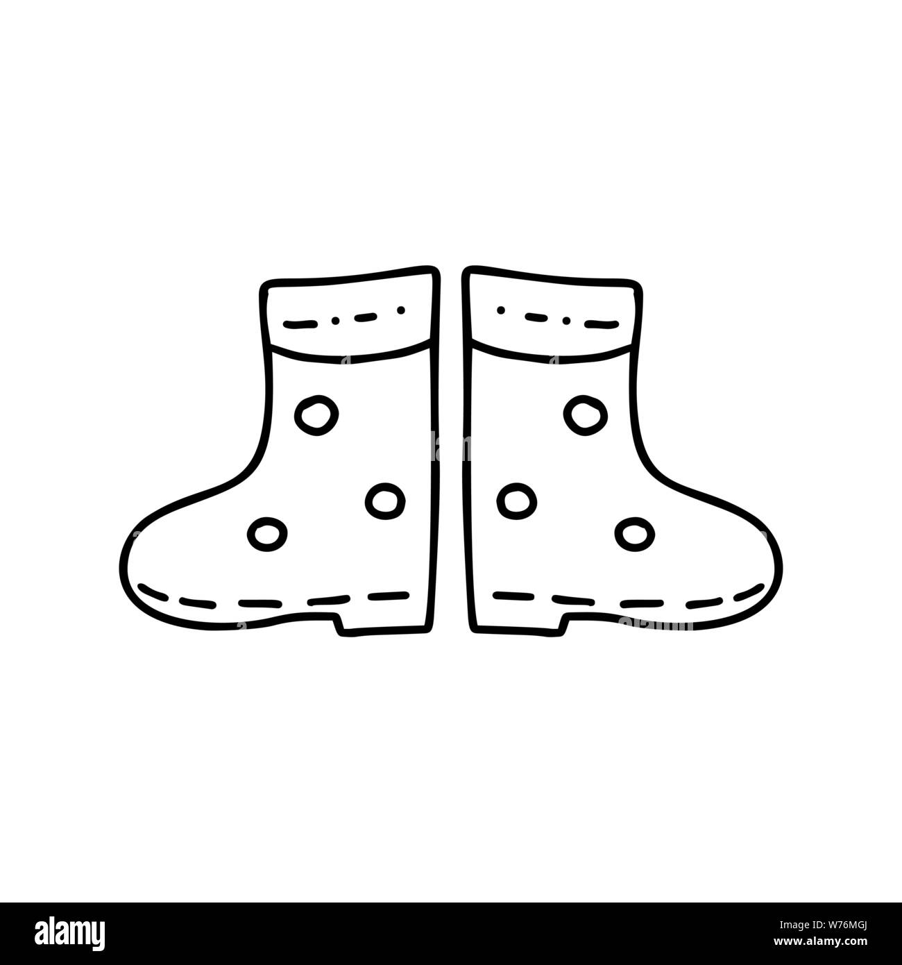 Carino doodle monoline disegnate a mano con stivali di gomma da giardinaggio. Vettore divertente poster per la stagione giardino con spazio di testo Illustrazione Vettoriale